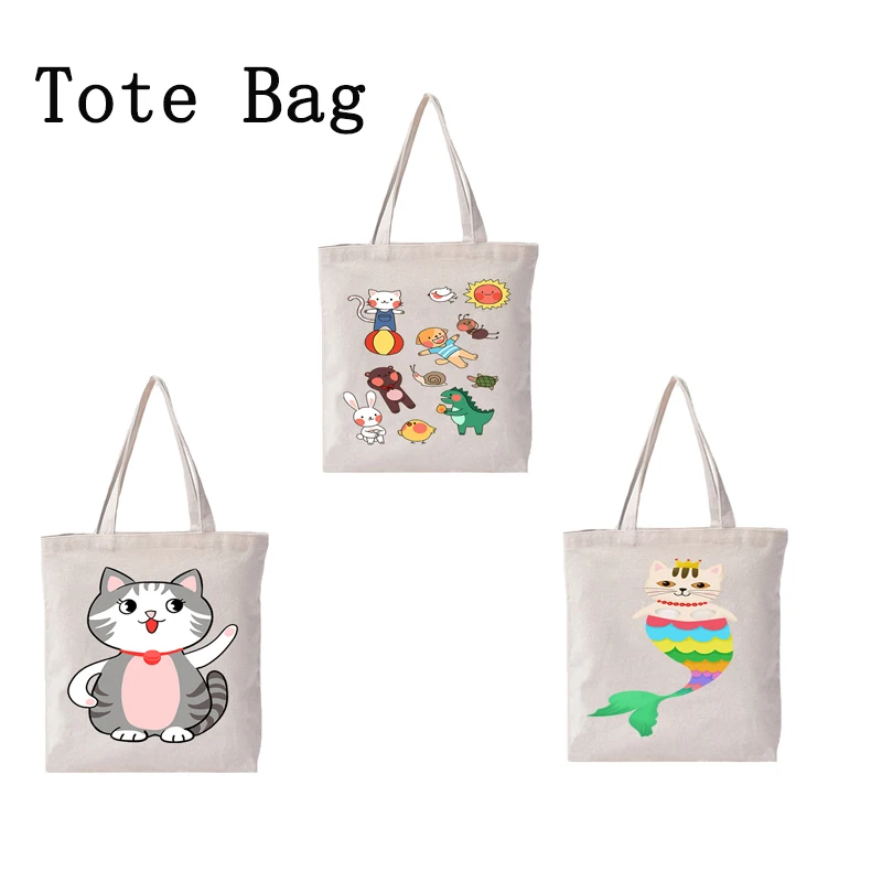 

Reusable Shopping Bags Eco Women Handbag Foldable Beach Daily Use Shoulder Bag Cat Print Casual Canvas Tote Ladies Gifts