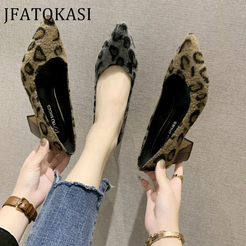 

Women High Heels Spring Pointed Suede Thick Heel Comfortable Female Pumps Fashion Brand Sexy Leopard Print Ladies Working Shoes