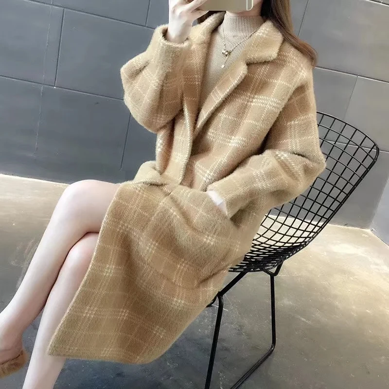 Новинка, осенне-зимнее корейское пальто оверсайз из искусственного меха, женское модное тонкое Свободное пальто в клетку, ветрозащитные куртки с рукавами-фонариками, Mw762