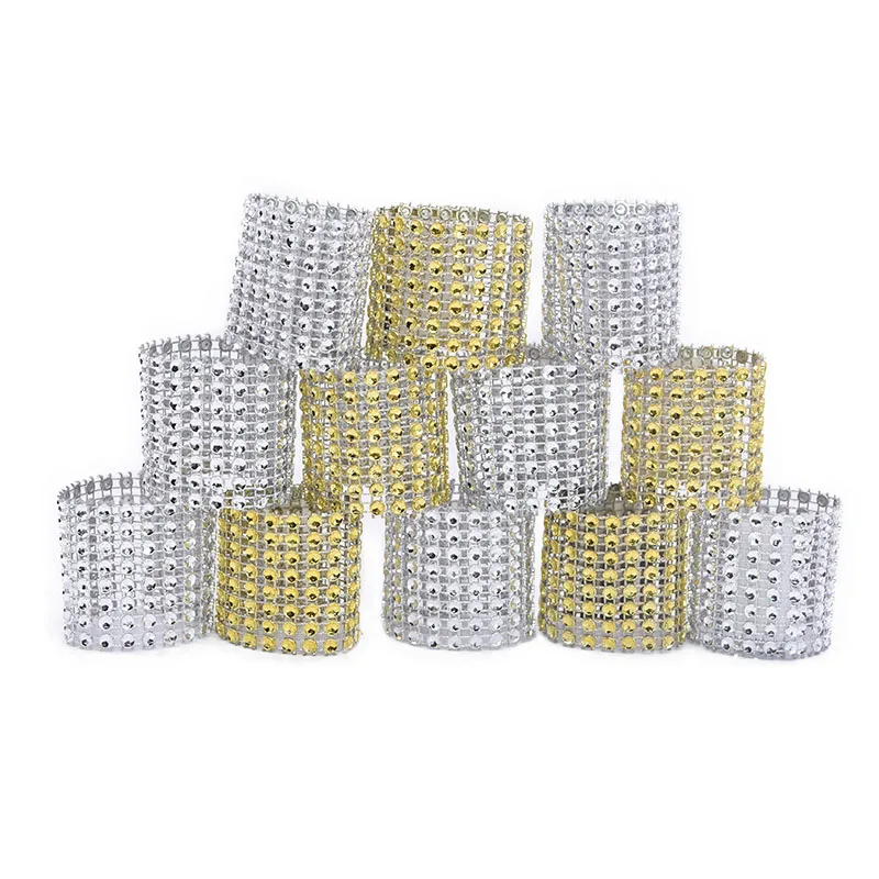 10pcs 8 Rows Gold Silver Rhinestone Napkin Rings Chair Buckles Bows Holder for Wedding Festival Event Party Decoration Supplies