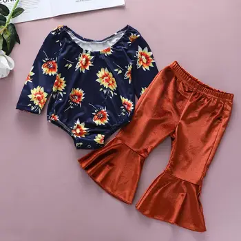 

Newborn Kids Baby Girls Sunflower Print Long Sleeve Jumpsuits With Flared Pants Outfits Toddler Spring Autumn Set Clothes