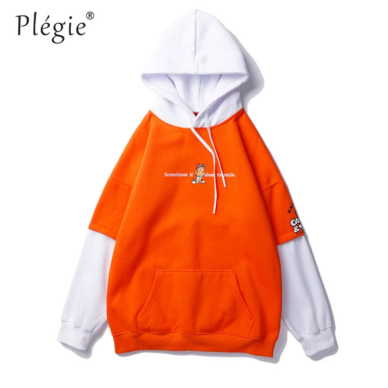 orange hoodies Plegie мужские толстовки с капюшоном, с передними карманами, в стиле пэчворк, с капюшоном, оранжевый пуловер, с капюшоном, имитация двух частей, уличная одежда, унисекс, флисовые толстовки - Цвет: orange hoodies