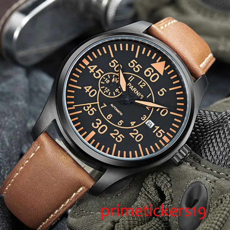 PARNIS men watch 44mm PVD coated case date sapphire glass automatic movement yellow hands