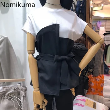 

Nomikuma Short Sleeve Shirt Women Fake Two Pieces Korean Tees 2020 Summer Patchwork O-neck T-shirt Belt Slim Waist tshirt 6A350