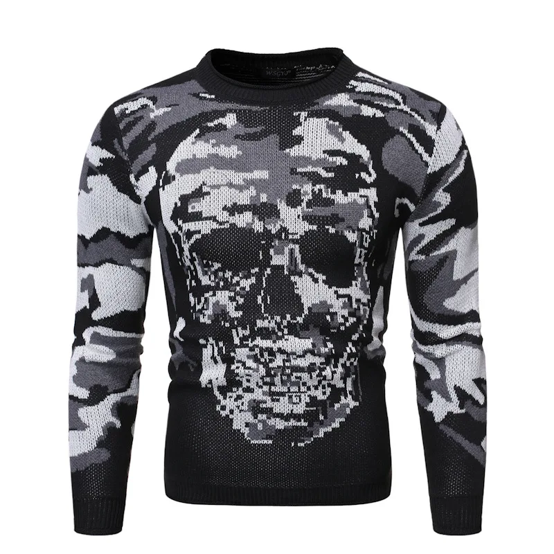 

New Men's Clothing Turtleneck Crew Neck Sweater Camouflage Skull Knitted Sweater Oversized Warm Base Shirt V Neck Sweater Men