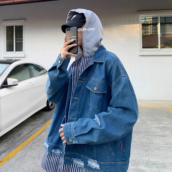 

2020 Men's Stripe Printing Outerwear Split Joint Hit Color Hat Cowboy Loose Coat Blue/black Color Streetwear Bomer Denim Jacket