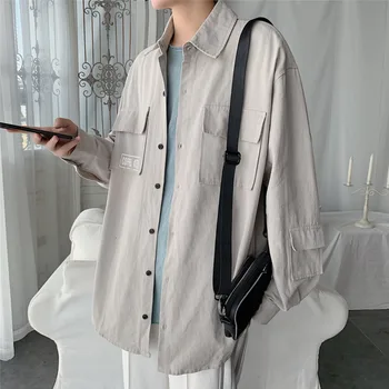 

2019 New Japanese Cotton Winter Simple Solid Color Men's Loose Long-sleeved Korean Version Of The Tool Casual Shirt