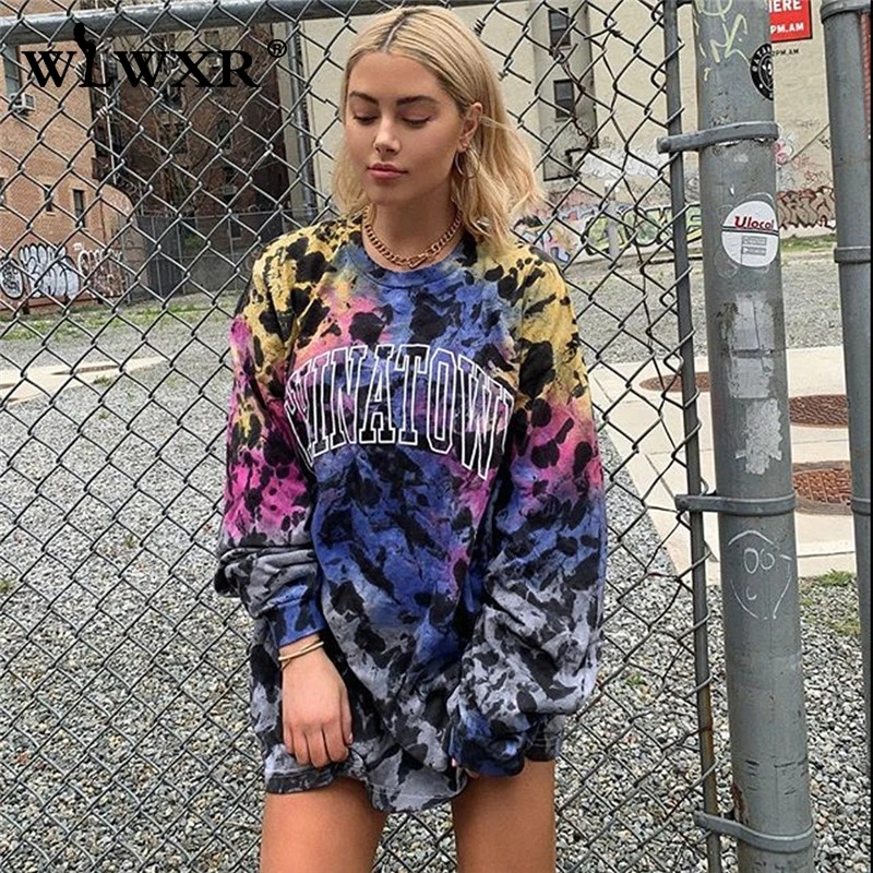 

WLWXR Letter Print Streetwear Oversized Sweatshirt Women Top Tie Dye Long Hoodie Women Pullover O Neck Harajuku Loose Sweatshirt