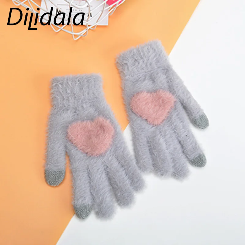 Dilidala, новинка, перчатки для любви, женские, зимние, теплые, сенсорный экран, кроличья шерсть, пять пальцев, милые, милые, для студентов, для девочек, плюшевые, вязаные перчатки
