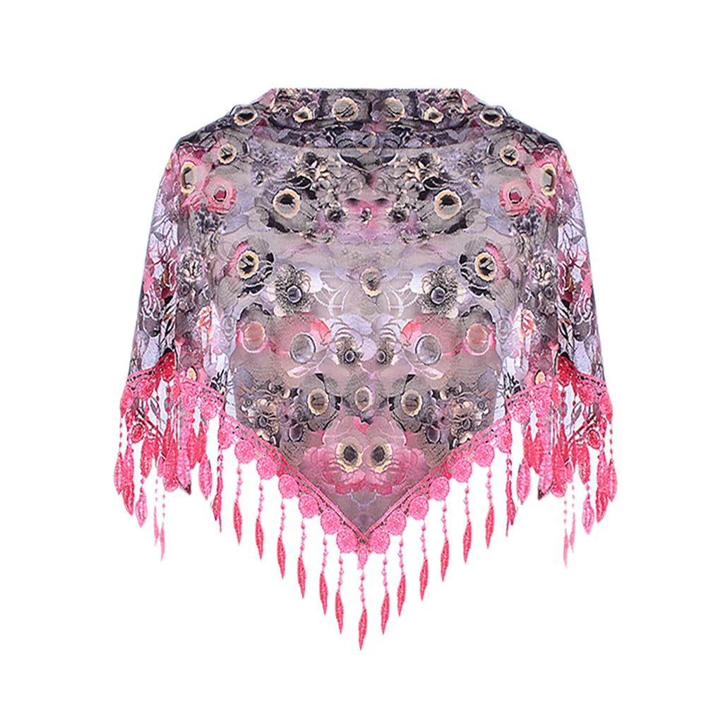 Женский модный треугольный шарф, кружевные цветочные летние пляжные шарфы с кисточками, пашминовый палантин, хиджаб, шаль с принтом