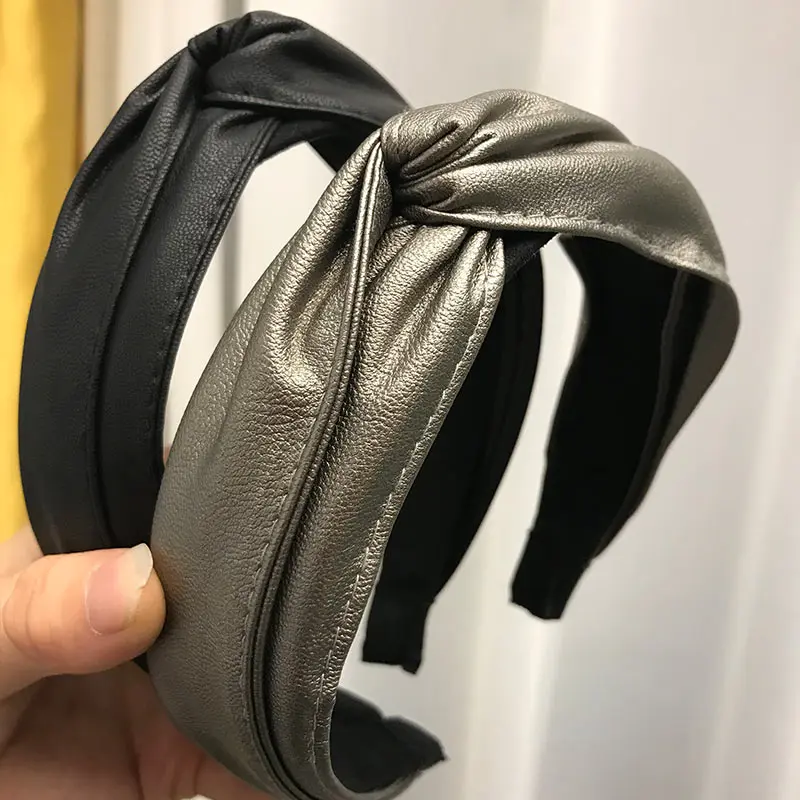 

Flatfoosie Handmade PU Leather Girls Hairbands Bezel Turban Fashion Cross Knotted Headbands For Women Hair HoopHair Accessories