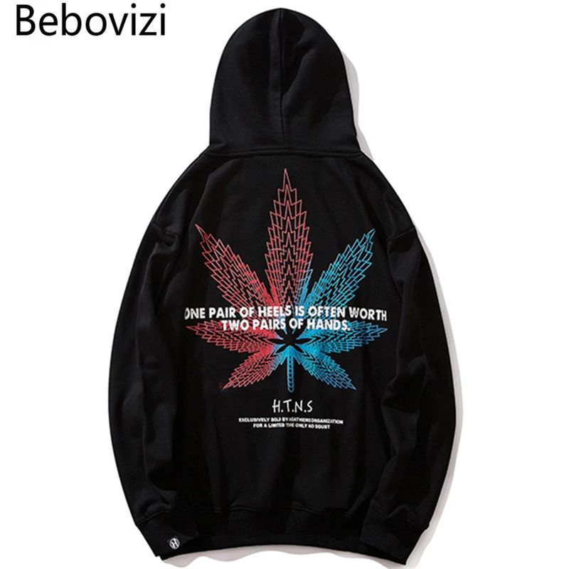 Bebovizi в стиле хип-хоп черные худи уличная Повседневное листья худи с принтом толстовки Harajuku Для мужчин пуловер хлопковая толстовка Костюмы