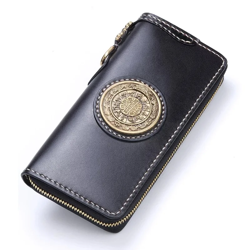 

Hand Sewing Buddhist Designer Genuine Leather Men's Large Wallet Bronze Hardware Zipper Closure Cow Skin Male Long Clutch Purse