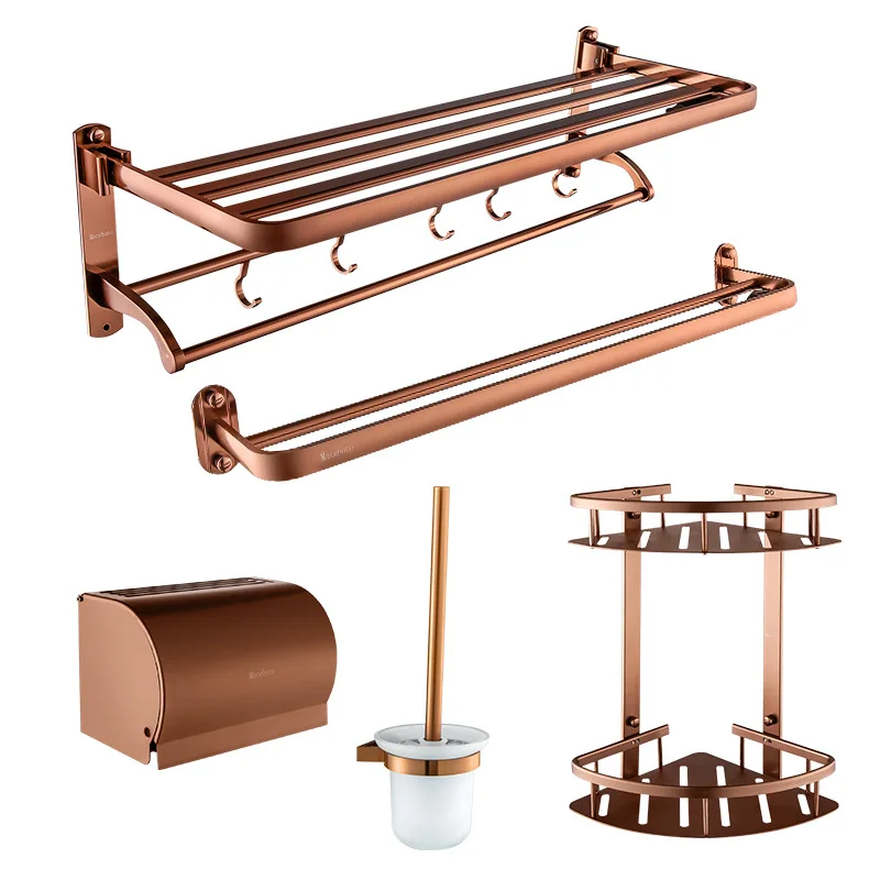 

King Bathroom Hook Unit Five-Piece Towel Rack Toilet Brush Double Layer Triangle Basket Tissue Box Towel Rack Rose Gold