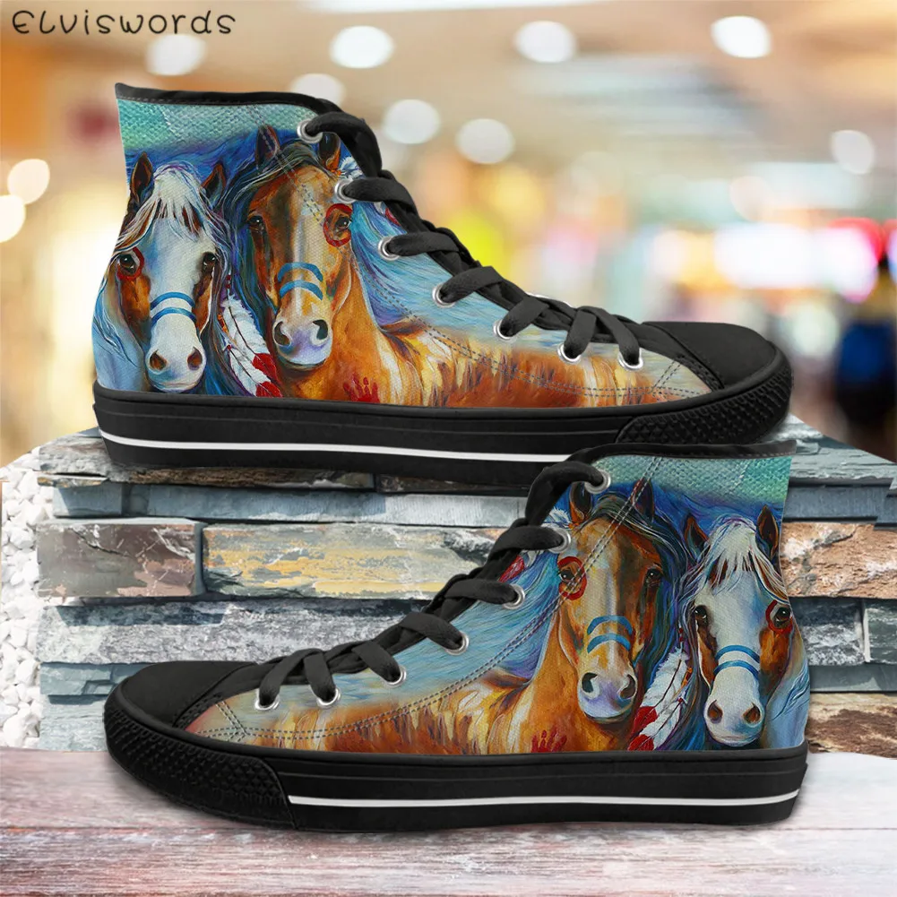 ELVISWORDS 3D Painting Horse Black High Top Women Casual Canvas Shoes Womens Vulcanize Flats Shoes Spring Woman Girls Sneakers