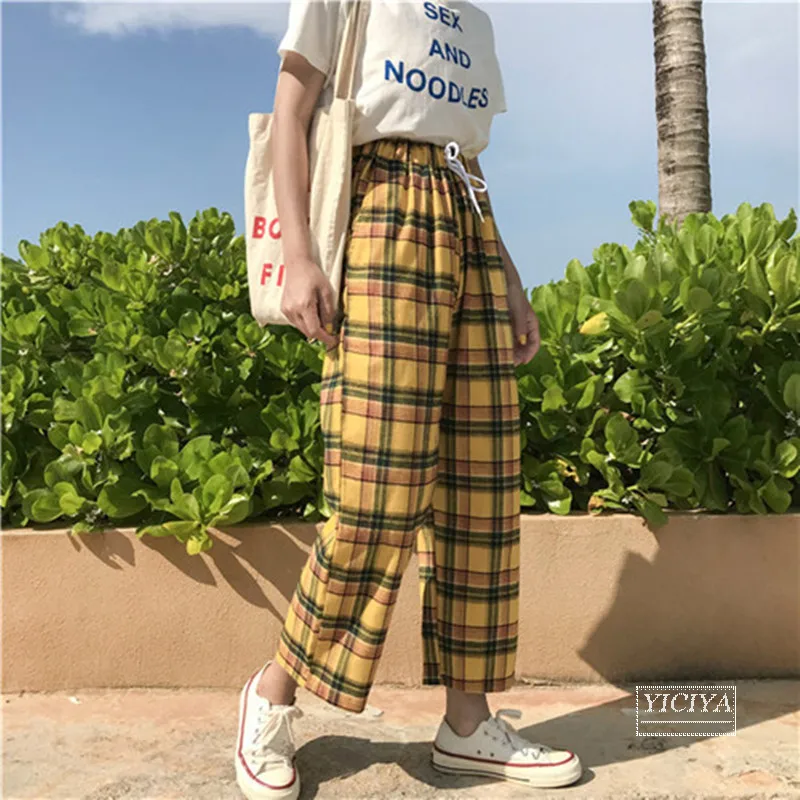 

Yellow Plaid Pants Sweatpants Pants Spring 2020 Summer Slack Rope Women Casual Track Pants Wide Leg Pants Loose Straight Pants