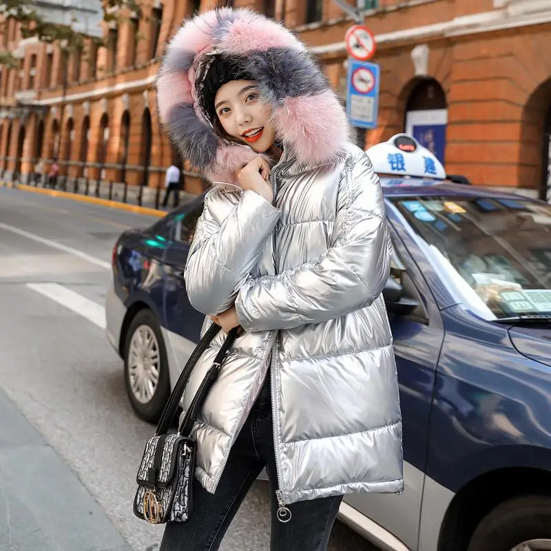 FMFSSOM, новинка, зимняя женская одежда с меховым воротником, яркая сторона, средняя длина, толстая зимняя одежда, женское свободное синее серебристое теплое пальто - Color: Silver
