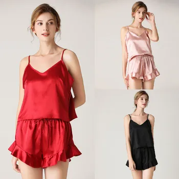 

Pyjamas Women Sexy Sleepwear Baby Doll Pajamas Women Round V-Neck Lace Drawstring Sleeveless Tank Tops халат женский#s