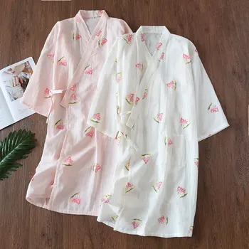 

Shanghai Story Women Cotton Kimono Bathrobe with Pockets Robe watermelon print Nightwear Sleepwear Bath Robe 2 Color