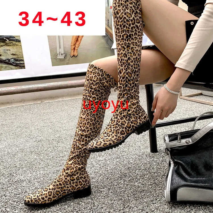 

2019 Luxury Flock Leopard Retro Platform Winter Black Knee-High Boots Booties Designers Women Woman Pump Wearing Pointed Toe
