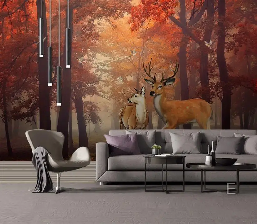 Beibehang-Custom Golden Forest Elk Mural Papel de