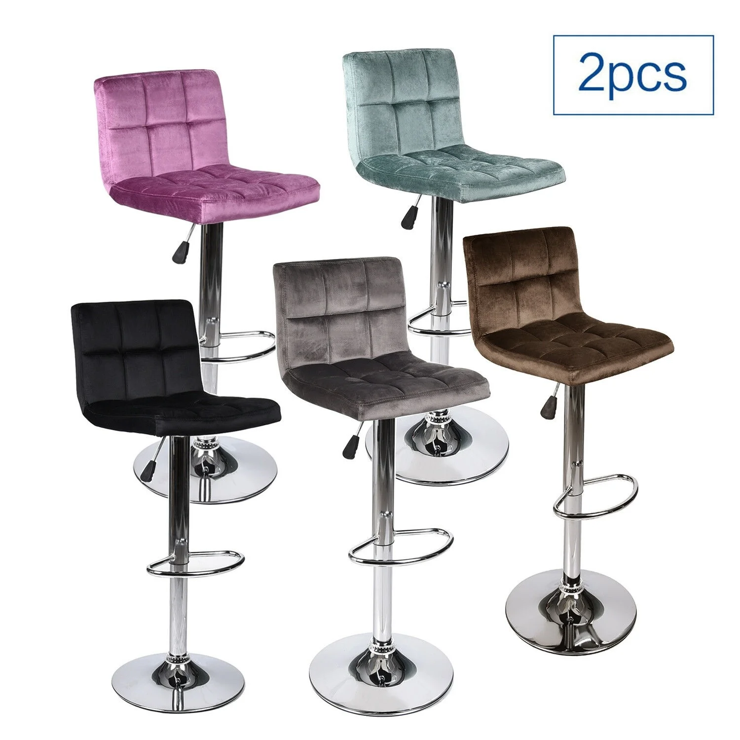 

Set of 2 Bar Stools Adjustable Hydraulic Swivel Velvet Dining Counter Chair Pub