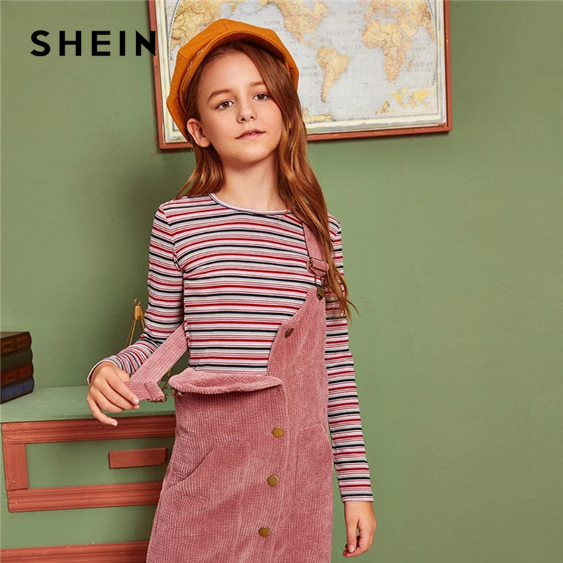 SHEIN/Детская разноцветная полосатая трикотажная Повседневная футболка в рубчик, детский топ, осень, приталенные Базовые Футболки с длинным рукавом для подростков