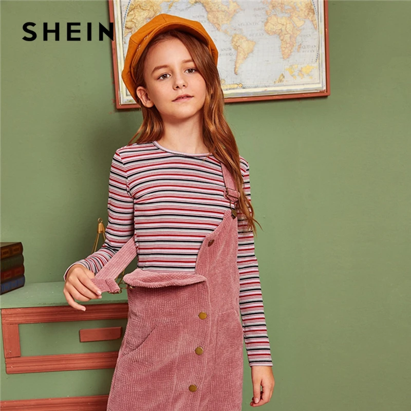 

SHEIN Kiddie Multicolor Striped Ribbed Knit Casual Tee Kids Top 2019 Autumn Long Sleeve Slim Fitted Basic Teenagers T-Shirts