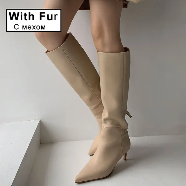 Taoffen Size 33-43 Women Genuine Leather Knee High Boots Pointed Toe Thin Heel Slip On Party Club Winter Ladies Footwear Ivory with fur