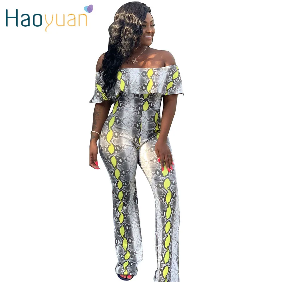 HAOYUAN Snake Print Jumpsuits Fashion Nova Women Festival Clothing Off Shoulder Ruffles Overalls Sexy Jumpsuit Clubwear Outfits