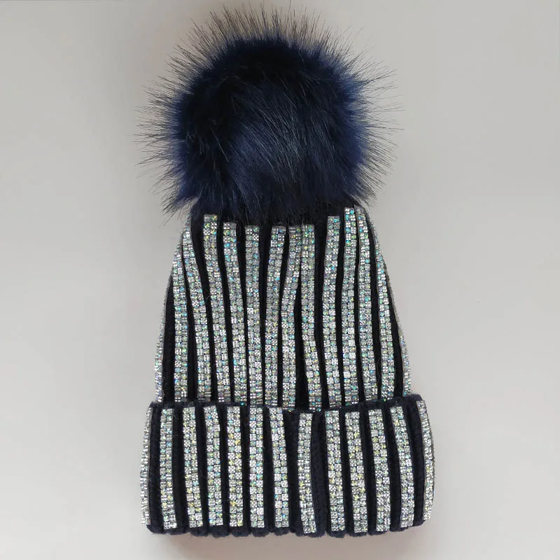Высококачественные вязаные повседневные шапочки Skullies, кашемировые зимние шапки для женщин и девочек, одноцветные осенние плотные шапки с искусственным мехом и помпоном - Цвет: navy