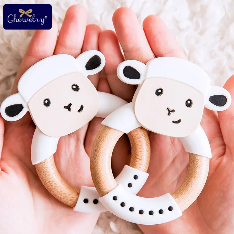 

CHELWRY 1PC Baby Teether Beech Wood Ring Food Grade Silicone Sheep Teether Baby Rattle Nursing Bracelet Toy For Children's Goods