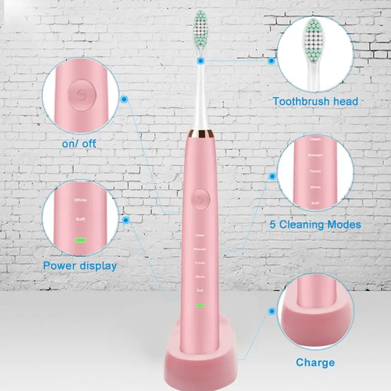 Перезаряжаемая электрическая зубная щетка USB, звуковая вибрационная электрическая зубная щетка, IPX7 Водонепроницаемая электрическая