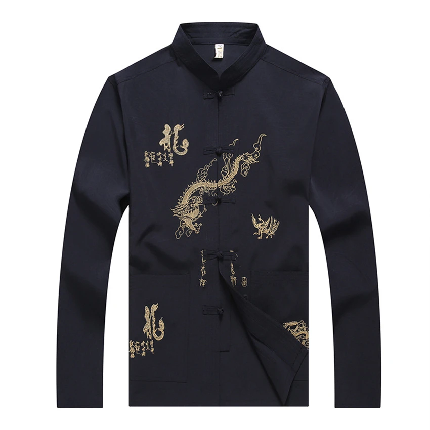 

New Year Dragon Suit for Men Traditional Chinese Style Dragon Embroidery Long Sleeve Silk Tang Suit China Top Fashion Clothing