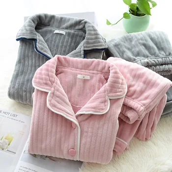 

New sale Thicken flannel couple pajamas sets men and women winter keep warm long sleeve Simple pyjamas women sleepwear