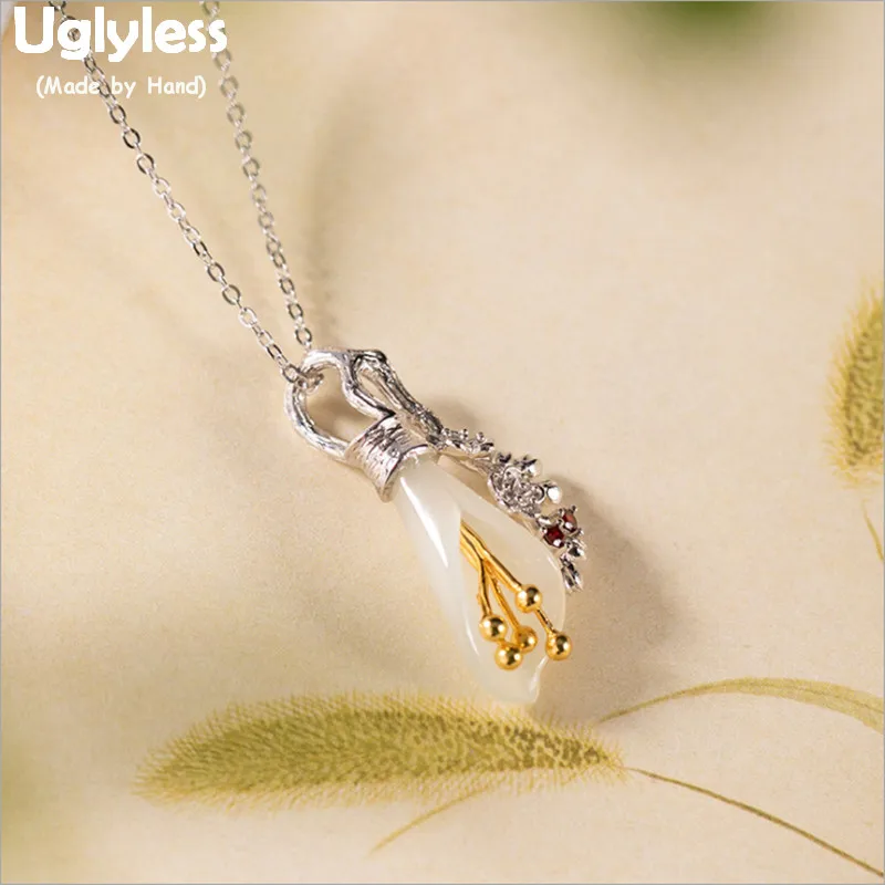 

Uglyless Real Solid 925 Silver Calla Lily Pendants for Women Natural Jade Floral Necklaces +Chains Handmade Flower Jewelry P1061