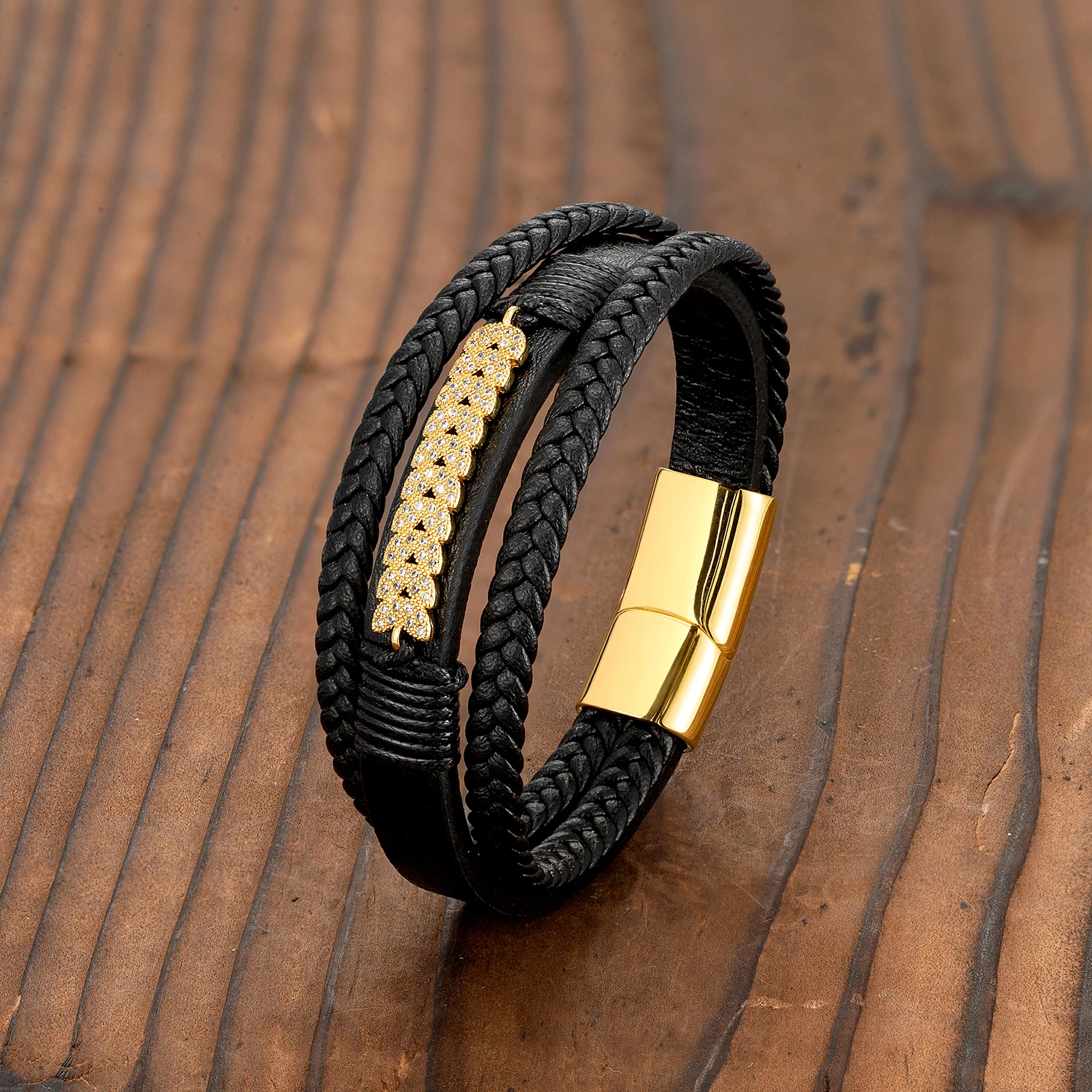 2021 New Fashion Design Micro Diamond 3-layer Leather Cord Neutral Bracelet Stainless Steel Charm Hand Row | Украшения и