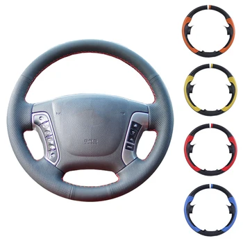 

Black Artificial Leather Car Steering Wheel Cover Hand-stitched DIY for Hyundai Santa Fe 2006-2012