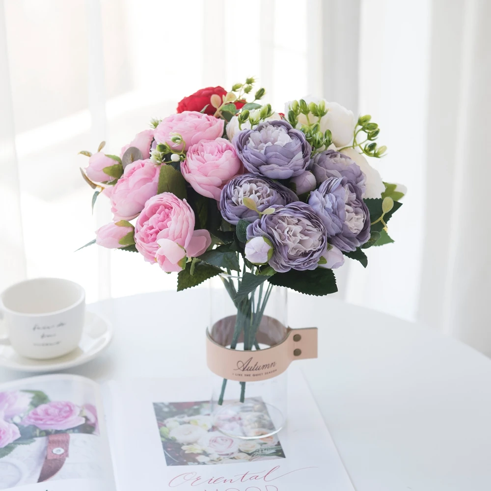 

Artificial Flowers Red Silk Peony Roses Vases for Home Decor Bride Bouquet Wedding Accessories Craft DIY Gifts Pink Fake Plants