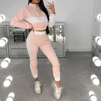 

2 Pieces Zipper Stand Collar Patchwork Women Sets Long Sleeve Crop Tops+High Elastic Pants Lady Tracksuit Sets Autumn Female Set