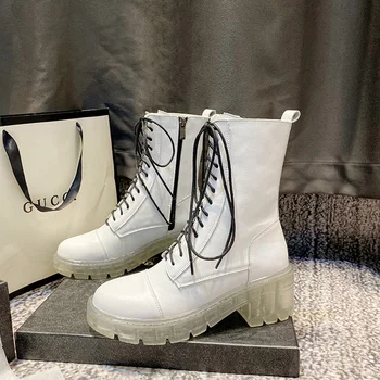 

OLOMLB Women Ankle Boots Lace Up Round Toe Block Chunky Clear Transparent Heel Shoes Genuine Leather Retro White New