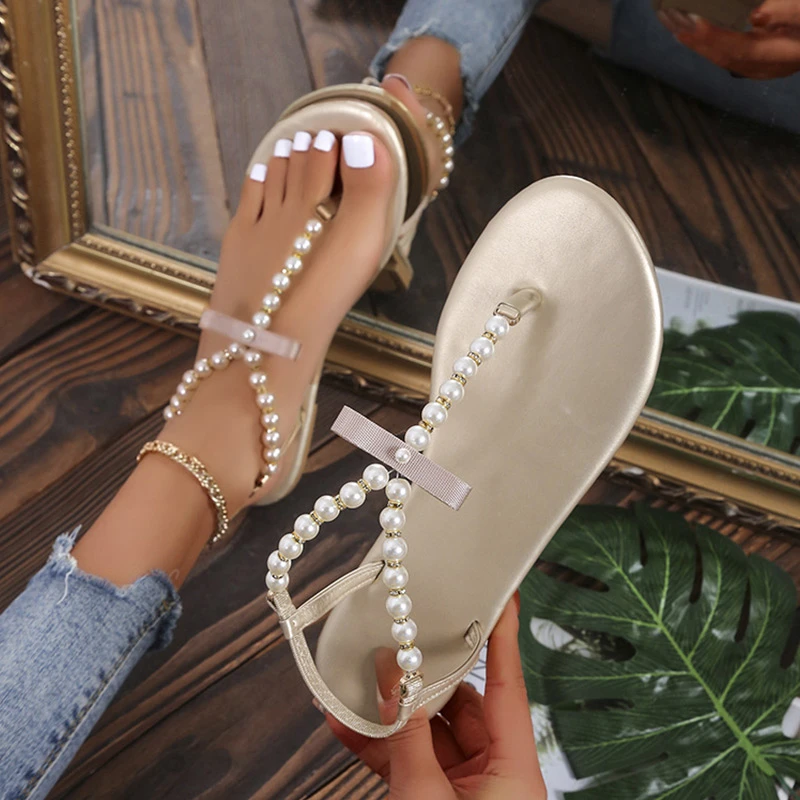 Sandalias planas de piel sintética para mujer, chanclas femeninas con cadena de perlas, deslizantes, de grande, la playa y el de mujer| - AliExpress