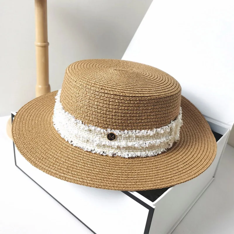 Handmade Womens Straw Boater Hat Flat 