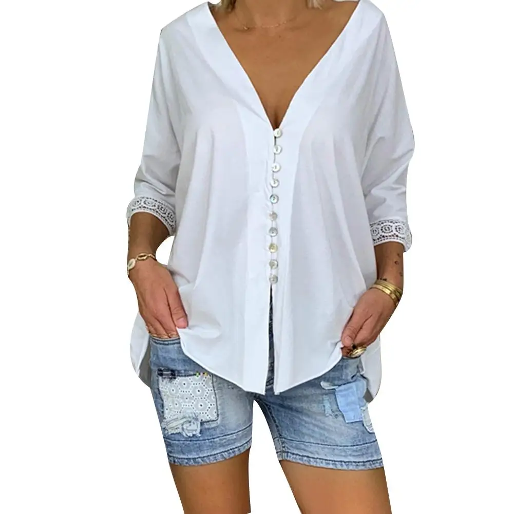 

2019 Fashion New Plus Size Solid Color Women Deep V Single Breasted Lace Trim 3/4 Sleeve Blouse