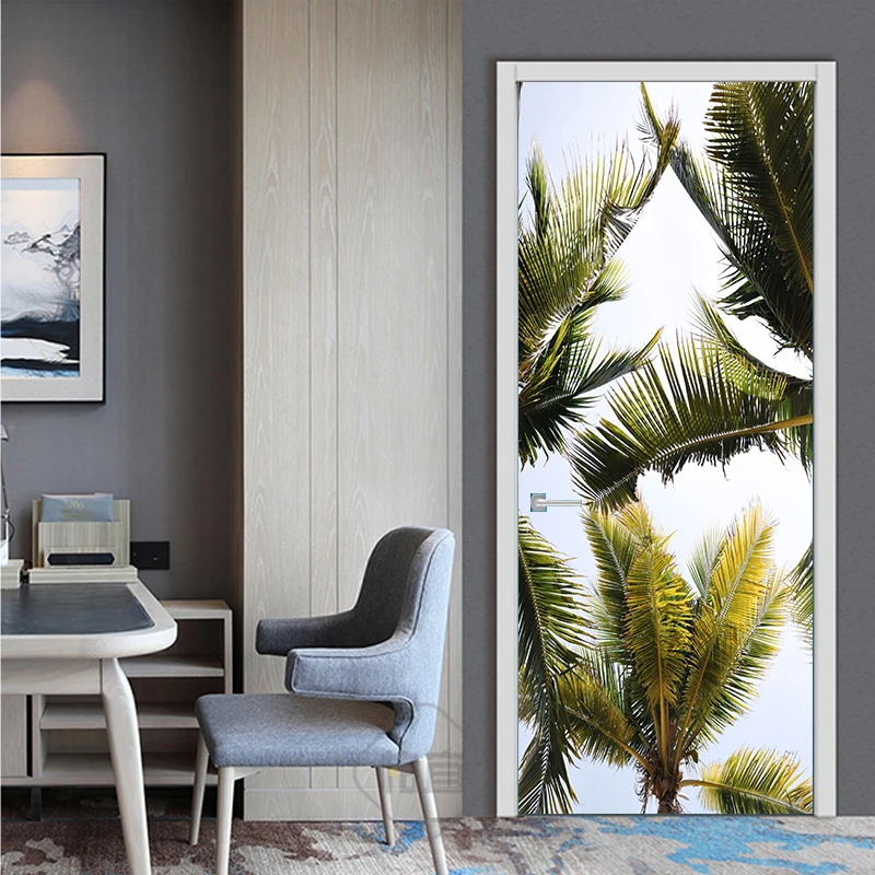 3D Print Big Palm Tree Landscape Waterproof Entire Door Sticker Creative Stickers Door Wall Sticker DIY Mural Bedroom Home Decor