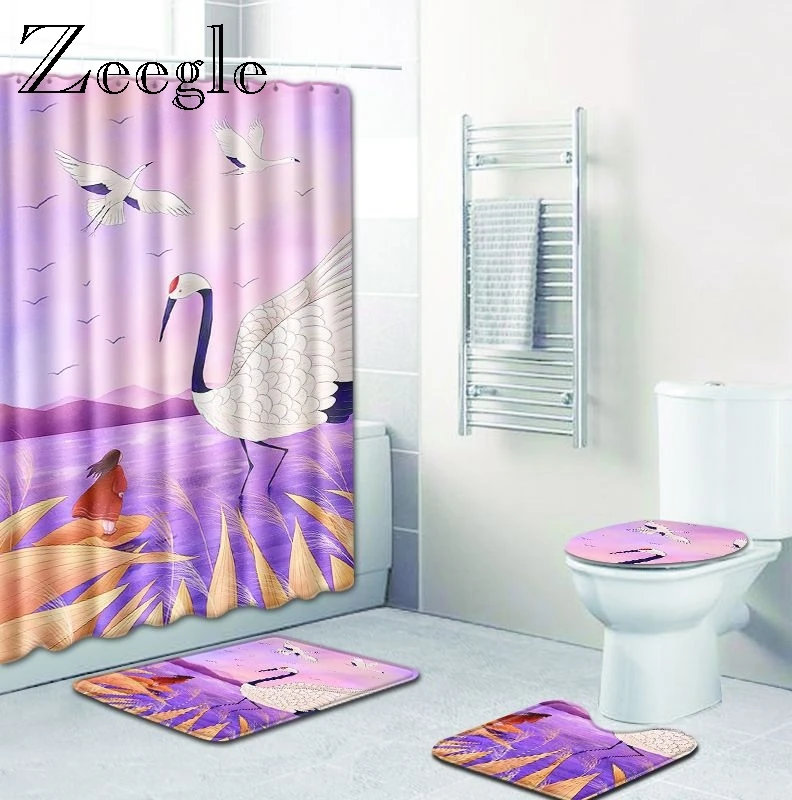 Zeegle Bathroom Curtain and Bath Mat Set Waterproof Shower Curtain Anti Slip Soft Bathroom Shower Mat Absorbent 4pcs Toilet Set