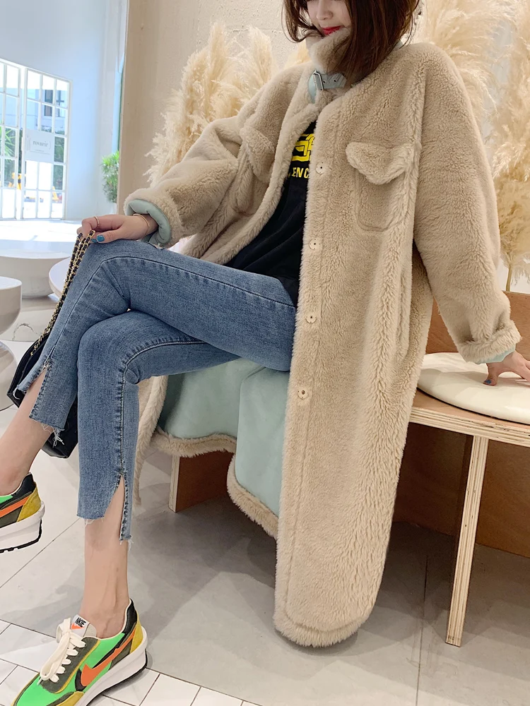 Women 2020 Autumn Winter Long Real Fur Coat Lapel