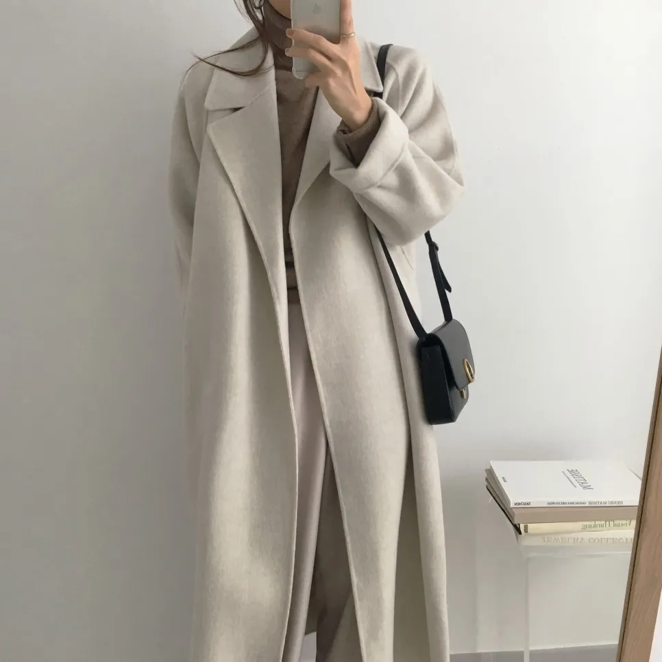 Women's Jacket 2021 Autumn and Winter Long Wool Coat with Belt Solid Color Long-Sleeved Chic Slim Down Shoulder Coat long puffer jacket