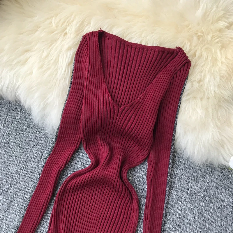 ALPHALMODA женское осеннее сексуальное трикотажное платье в полоску с глубоким v-образным вырезом и длинными рукавами, однотонное эластичное женское платье
