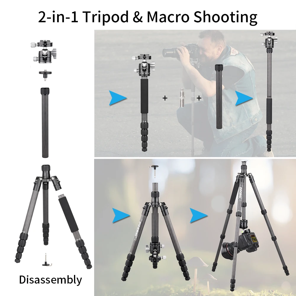 10 Layers Carbon Fiber Travel Tripod Monopod For DSLR Cameras with Panoramic Low Gravity Center Ball Head Arca Swiss Q.R.Plate